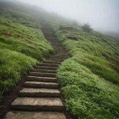 Obraz premium Stone Stairway Ascending: A stone stairway ascends a misty green hillside, beckoning upward into a realm of mystery, leading through the landscape and towards the unknown
