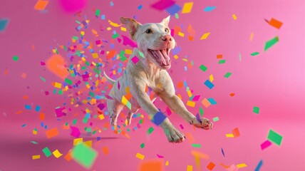 Obraz premium Un perro salta con entusiasmo en un fondo de confeti vibrante.