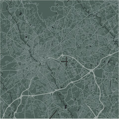 Map of Greenville in South Carolina in a smooth dark style. Contains layered vector with roads water, parks, etc.