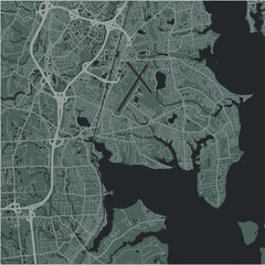 Map of Warwick in Rhode Island in a smooth dark style. Contains layered vector with roads water, parks, etc.