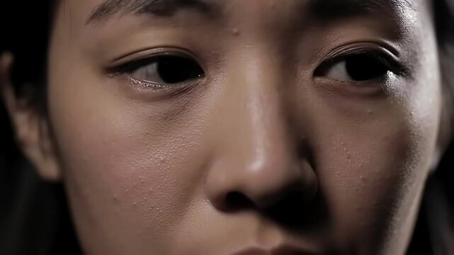 Woman's face close-up, dark background, serious