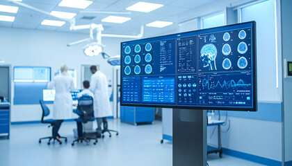 Modern Operating Room: A state-of-the-art operating room setting showcases advanced technology, with medical professionals reviewing detailed data visualizations on a large digital display.