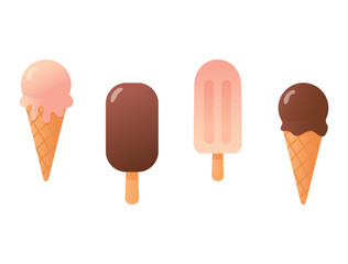 Set of four ice cream illustrations including cone bar and popsicle in flat cartoon style colorful and minimal design isolated on white background