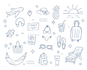 Hand drawn summer travel doodle icons collection with vacation elements airplane beach accessories tropical fruits and luggage isolated on white background vector