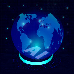 Global logistics network  and AI in blue. Map global logistics partnership connection.  Globe  with logistics icons in neon style. Artificial Intelligence concept.  EPS10.