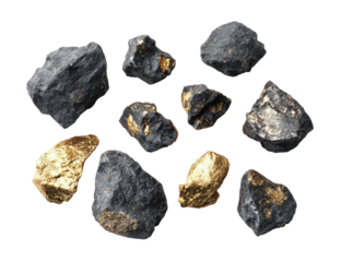 Dark rocks, some with gold accents, scattered