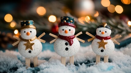 Festive winter scene with three charming snowmen figurines standing together on snowy ground, adorned with colorful scarves and decorative star ornaments against a soft bokeh background of twinkling l