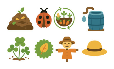 Organic Farm Icons. Flat vector mini-illustrations organic farming practices in colors children's