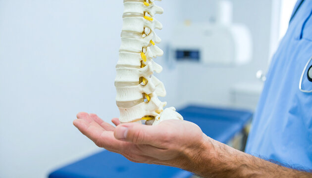 Backbone in hand: A skilled medical professional examines a detailed model of the human spine in a clinical setting, representing health, care and anatomical study.