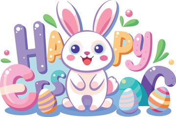 Happy easter bunny with colorful eggs and text, isolated on transparent background