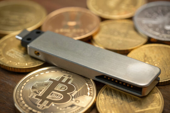 Digital hardware wallet for cryptocurrency security surrounded by bitcoin coins