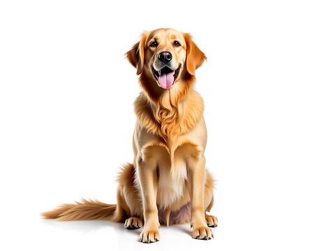 Happy Golden Retriever Sitting on White Background - Studio Photo