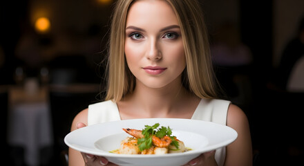 Elegant woman presenting delicious gourmet seafood dish fine dining restaurant experience luxury lifestyle food photography