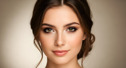 Fototapeta premium Beautiful young woman with perfect makeup and hairstyle elegant and sophisticated look natural beauty portrait