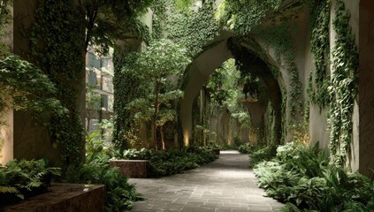 Lush, verdant interior walkway lined with climbing plants and trees
