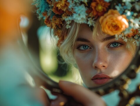 Retrato de una joven con una corona de flores, reflejada en un espejo antiguo.