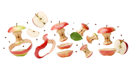 Apple Remains Scatter on Black Backdrop, Featuring Core, Peel, Seeds, and Slice Elements