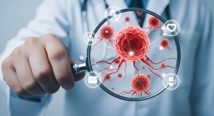 Doctor examines cancerous cells under a magnifying glass with glowing medical icons