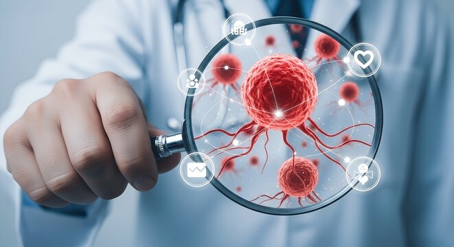 Doctor examines cancerous cells under a magnifying glass with glowing medical icons