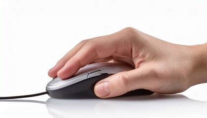 hand clicking on computer mouse isolated on white background
