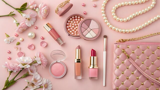 Elegant pink makeup and jewelry flat lay with flowers