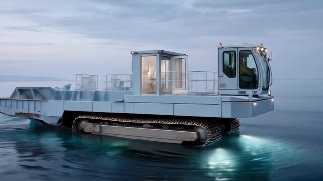 A light-grey amphibious vehicle with a tracked chassis floats on calm water at twilight, its cab visible; a small structure is mounted on its deck