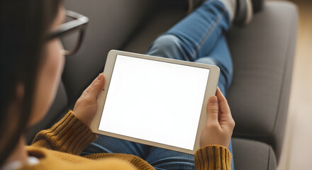 Woman relaxing on sofa using tablet blank screen mockup technology device modern lifestyle comfort home leisure digital screen app internet wifi