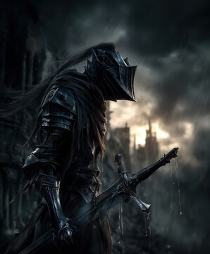 Un caballero oscuro se alza contra un cielo tormentoso, portando una espada y envuelto en un aura de misterio.