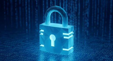 Glowing blue digital padlock with a keyhole against a dark background of binary code
