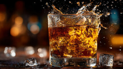 A glass of whiskey with splashing liquid and surrounding ice cubes, showcasing drink luxury and refreshment in an alcohol beverage at a bar for mixology