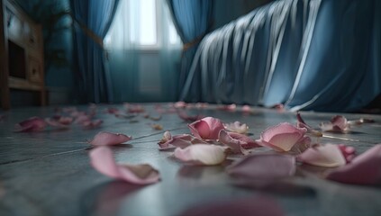 Rose petals scattered on a tiled floor in a bedroom. Soft light streams in from a window. Moody blue curtains