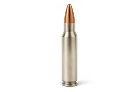 Rifle bullet with copper tip standing on transparent background