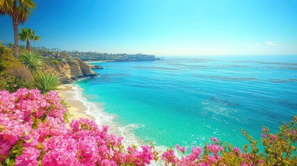 Fototapeta premium Coastal paradise. Pink flowers frame a pristine beach