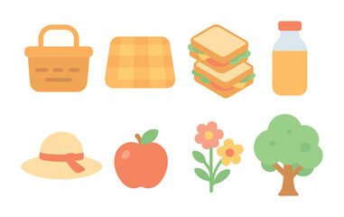 Park Picnic Icons. Flat vector mini-illustrations picnics in the park in colors children's illustrations: