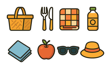 Picnic Essentials Grid. Flat vector mini-illustrations park picnic essentials in colors children's
