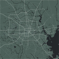 Map of Houston Metro in Texas in a smooth dark style. Contains layered vector with roads water, parks, etc.