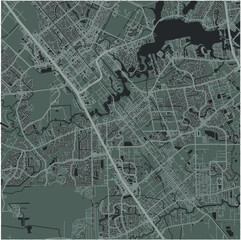 Map of League City in Texas in a smooth dark style. Contains layered vector with roads water, parks, etc.