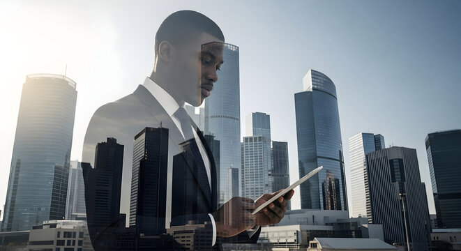 Successful African American businessman using tablet modern cityscape background ambitious entrepreneur future technology digital innovation