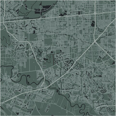Map of Sugar Land in Texas in a smooth dark style. Contains layered vector with roads water, parks, etc.