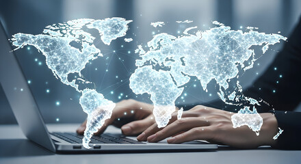 Global network connection digital world map on laptop screen businessman working online international business technology future innovation communication worldwide internet