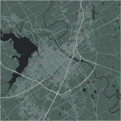 Map of Waco in Texas in a smooth dark style. Contains layered vector with roads water, parks, etc.
