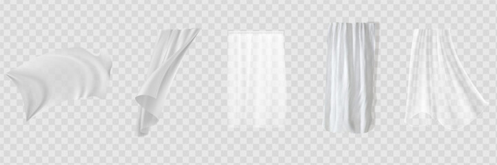 Set of realistic fluttering white cloths, soft lightweight clear material isolated on transparent background vector illustration