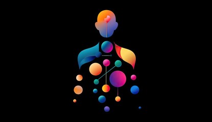 Abstract human figure, vibrant colors, gradient shapes, connected elements