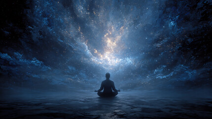 A meditation scene with a human figure meditating surrounded by cosmic energy, representing spirituality, enlightenment, and the deep connection between the self and the universe through mindfulness