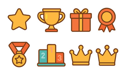 Children's Reward Icons. Flat vector mini-illustrations recognition and rewards in colors children's