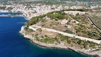 Aerial view of Neokastro Fortress with Pylos town and coastline, Messenia, Greece