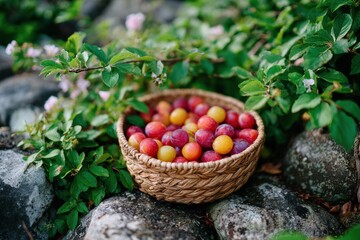 Freshly Harvested Plums in a Woven Basket Surrounded by Nature, Nestled Among Rocks and Greenery, Showcasing Juicy Fruits and Natural Beauty