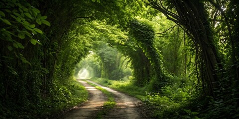Obraz premium Sunlit dirt road winding through a lush green forest tunnel with dense foliage and dappled sunlight creating a magical and serene natural pathway