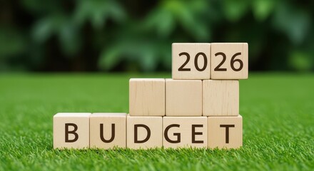 Budget 2026 text written on wooden blocks on green grass background