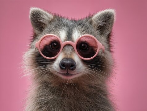 Un mapache con gafas de sol rosas mira directamente a la c&aacute;mara con una expresi&oacute;n divertida.